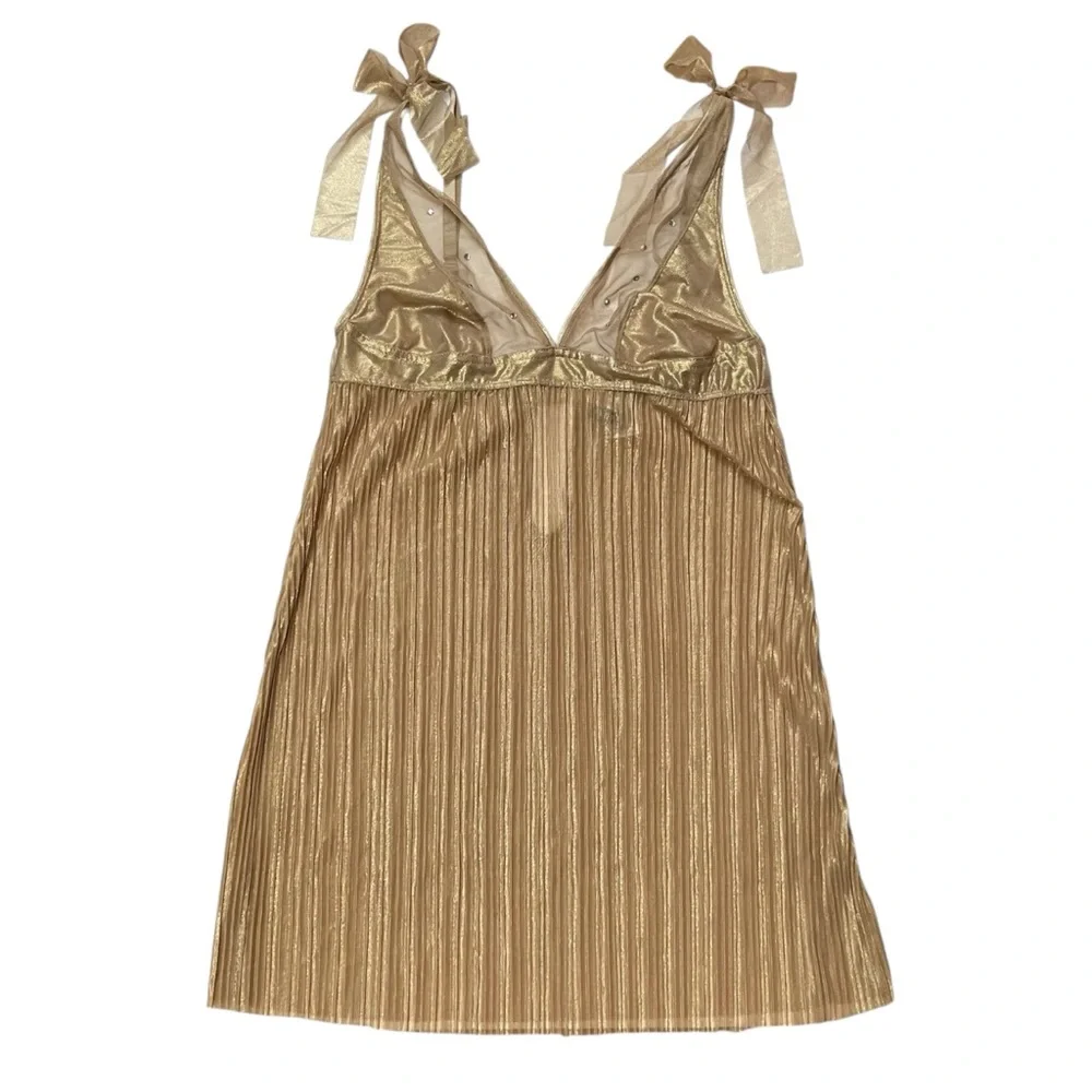 Rampage Gold Shimmer Pleated Chemise Mini Dress Rhinestone Bow Straps‎ Y2K Sz S